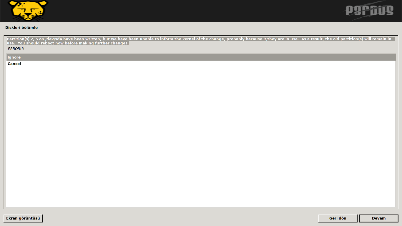 Dosya sistemi oluşturulamadı hatası - Yeni Başlayanlar - Pardus