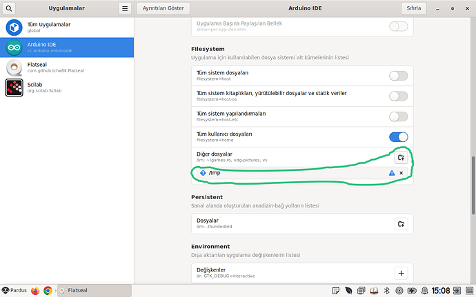 Flatseal programında Arduino IDE yazılımına izin verme (böylelikle hex dosyaları tmp dizininden alınabilir)